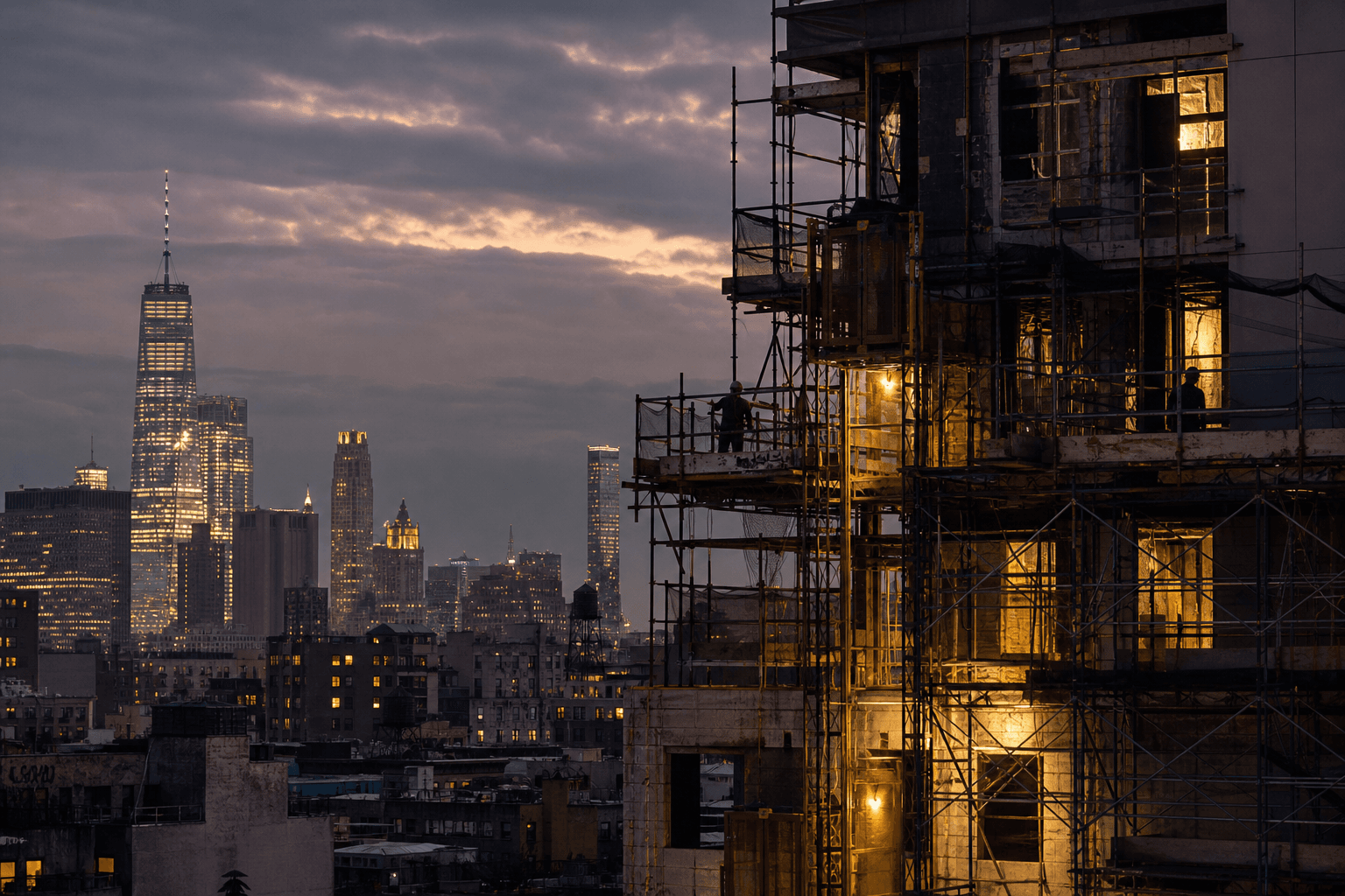 NYC renovation jobsite at dusk
